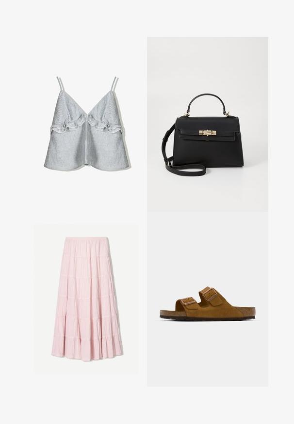 Sininen ja valkoinen raidallinen kangastoppi, jossa on rypytyksellä varustettu reunus edessä ja ohuet olkaimet, V-pääntie muotoilu.; Vaaleanpunainen, kerroksellinen maxi-hame, joka on valmistettu rakenteellisesta, kevyestä kankaasta. Joustava vyötärö ja virtaava helma, jossa on röyhelökoristeet.; Ruskea mokkanahkainen liukusandaali, jossa on kaksi säädettävää remmiä, korkkipohja ja teksturoitu kumipohja. Minimalistinen muotoilu ilman ylimääräisiä koristeluja.; Mustat nahkalaukku, jossa on jäsennelty muotoilu, ylhäällä olevat kahvat, irrotettava olkahihna ja kultasävyinen metalliosat. Edessä on klipsilukitus.