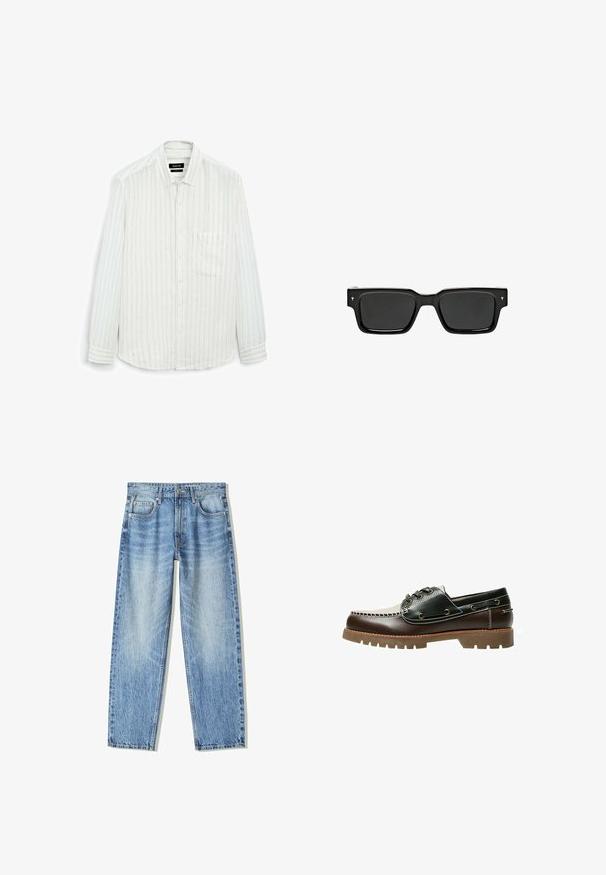 Weißes Langarmhemd mit dünnen vertikalen Streifen. Mit Knopfleiste, einer Brusttasche und einem weichen, strukturierten Stoff für eine lockere Passform.; Helle blaue Denim-Jeans mit lockerem Schnitt, geradem Bein-Design, fünf Taschen und verblasster Textur. Enthält einen Frontknopf- und Reißverschluss.; Braun-schwarzes Leder-Bootsschuh mit Schnürung, kontrastierenden Nähten und einer strukturierten Gummisohle. Verfügt über Metallösen und eine abgerundete Zehenpartie.; Schwarze rechteckige Sonnenbrille mit dunklen Gläsern, glänzendem Kunststoffrahmen und kleinen Signaturakzenten an den Bügeln. Flaches Profil und scharfe Ecken.; Schwarze Umhängetasche aus strukturiertem Material mit Klappenverschluss, verstellbarem Tragegurt und Metallbeschlägen. Verfügt über ein логотипdetail auf der Vorderseite.