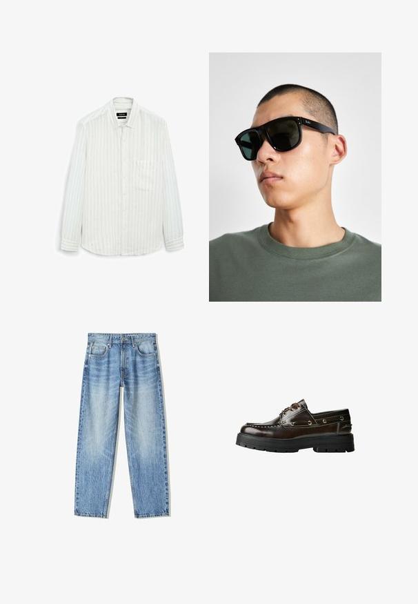 Camicia bianca a maniche lunghe con sottili righe verticali. Design con bottoni, taschino sul petto e un tessuto morbido e testurizzato con una vestibilità comoda.; Jeans in denim azzurro chiaro con vestibilità ampia, design a gamba dritta, cinque tasche e texture sbiadita. Comprendono una chiusura anteriore con bottone e zip.; Scarpa da barca in pelle marrone con suola in gomma, dotata di dettagli di cucitura, occhielli metallici e design con lacci. Costruzione robusta e leggera.; Occhiali da sole rettangolari neri con lenti scure, caratterizzati da una forma distintiva e un marchio sulla parte tempiale. Indossati da una persona con una maglietta verde.