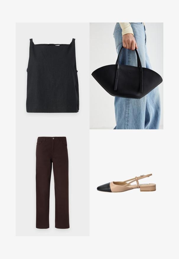 Schwarzes, ärmelloses Top aus leichtem Material. Boxy-Design mit rundem Halsausschnitt und schmalen Trägern. Glatte Textur, minimale Details.; Zwei weiße ärmellose T-Shirts aus weichem Baumwollmaterial, mit einem runden Ausschnitt und ohne sichtbare Muster oder Metallteile.; Braune Baumwollhosen im gerade geschnittenen Design, mit zwei Fronttaschen und einer Knopfverschlussschnalle am Taillenbund. Glatte Textur ohne sichtbare Muster.; Beige und schwarze zweifarbige Slingback-Schuhe mit spitzer Zehenpartie, flachem Absatz und gekreuztem Riemendetail. Glattes Lederfinish.; Schwarze Lederhandtasche mit einzigartiger Fächerform, ausgestattet mit flachen Griffen. Die Oberfläche hat eine genoppte Textur und ein minimalistisches Design.