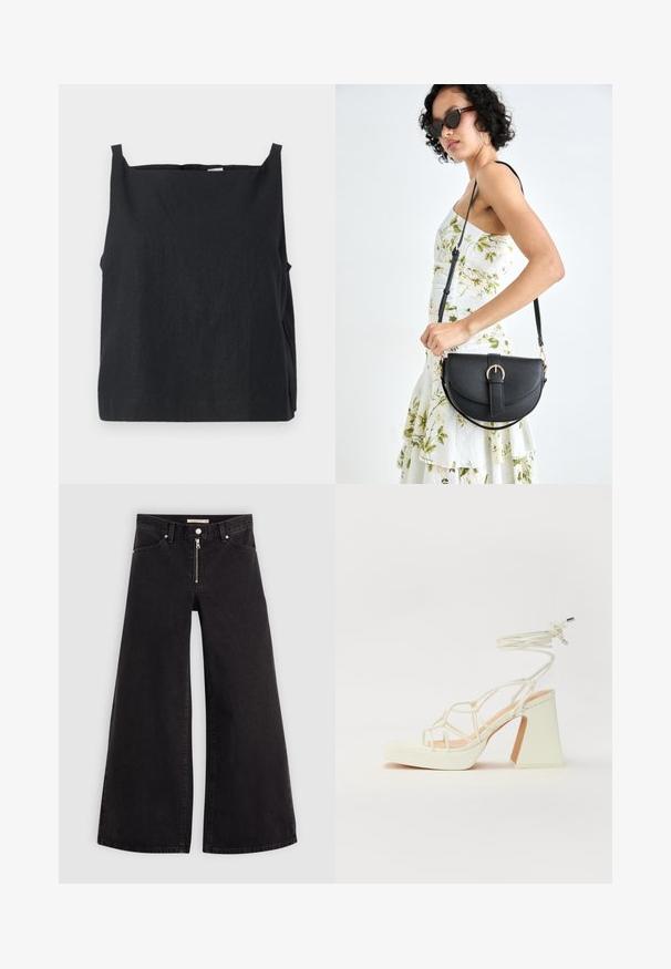 Melna, bez piedurknēm augšdaļa, izgatavota no viegla materiāla. Kastes formas dizains ar apaļu kakla izgriezumu un šaurām plecu siksniņām. Gluda tekstūra, minimāla apdare.; Platas kājas džinsi melnā džinsa audumā ar rāvējslēdzēju priekšā, piecu kabatu dizains un smalkas šuvju detaļas. Gluda tekstūra un ikdienišķs stils.; Baltas augstpapēžu sandales ar masīvu papēdi, ar siksnu dizainu un potītes saistītiem elementiem. Gluda tekstūra ar platformu priekšpusē, lai nodrošinātu papildu augstumu.; Melnas ādas rokassoma ar izliekta formu, noņemamu siksnu un zelta aksesuāriem. Somai ir vāciņš ar sprādzes detaļu.