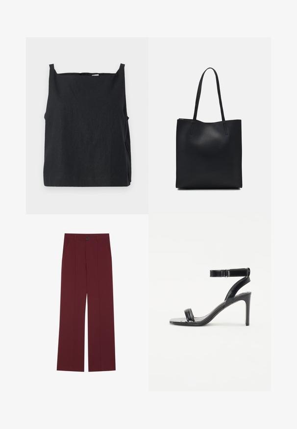 Černý, bezramínkový top z lehkého materiálu. Krabicový střih s kulatým výstřihem a úzkými ramínky. Hladká textura, minimální detaily.; Burgundské kalhoty s širokým střihem, s knoflíkovým zapínáním, dvěma bočními kapsami a sklady na přední části. Hladká struktura látky.; Černé sandály na vysokém podpatku s lesklým povrchem, se dvěma štíhlými popruhy a popruhem kolem kotníku, umístěné na štíhlém stiletto podpatku.; Černá kožená taška přes rameno s hladkým povrchem, obdélníkovým tvarem a dvěma dlouhými uchy. Žádné viditelné kování ani ozdoby.