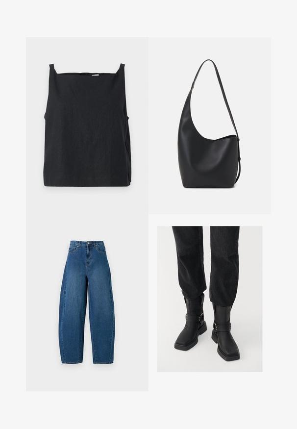 Top nero senza maniche realizzato in tessuto leggero. Design rettangolare con scollatura a girocollo e spalline sottili. Texture liscia, dettagli minimi.; Jeans in denim con un lavaggio blu medio, caratterizzati da una vita alta, una gamba larga e un design a cinque tasche standard con dettagli di cucitura visibili.; Stivali alla caviglia in pelle nera con punta quadrata, caratterizzati da una larga fascia e un dettaglio con fibbia metallica. Gli stivali hanno una suola spessa e una texture liscia.; Borsa hobo nera in pelle con una superficie liscia, forma curvata e una singola tracolla regolabile; presenta un'ampia apertura nella parte superiore.