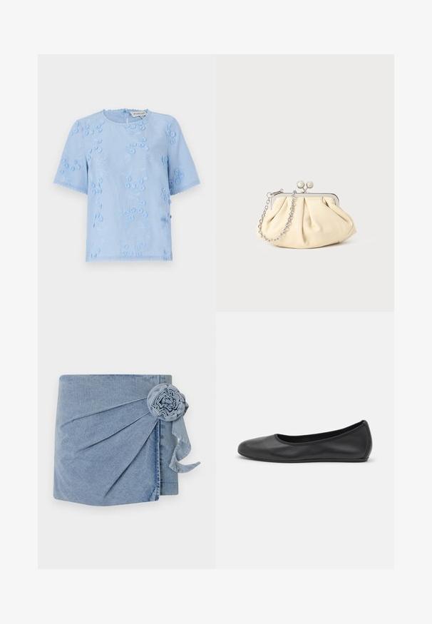 Svetlomodrá blúzka s krátkym rukávom s kvetinovou výšivkou, štruktúrovanými akcentmi a vlnitými okrajmi. Okrúhly výstrih s uzáverom na gombe na zadnej strane.; Denimový obal v svetlomodrom odtieni, s precízny pletením a dekoračnou kvetinou s voľným stužkou. Mäkká textúra a voľný dizajn.; Čierne kožené baleríny s okrúhlou špičkou, hladkým povrchom, minimálnym prešívaním a flexibilným dizajnom podrážky.; Zhlý béžový kožený klobúk so strieborným kovovým rámom, ktorý má dve okrúhle dekoratívne zámky a strieborný reťazový popruh.