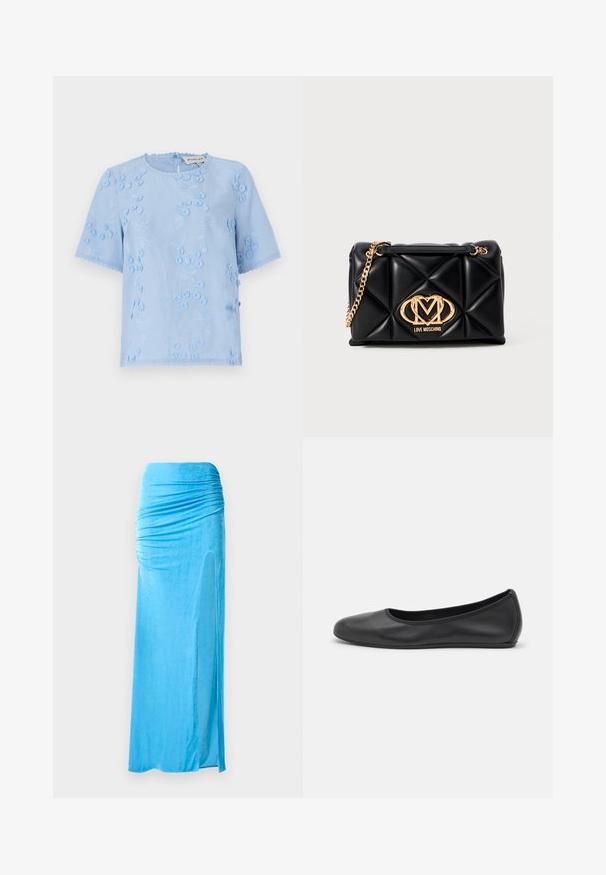 Blusa azzurro chiaro a maniche corte con ricami floreali, dettagli testurizzati e bordi ondulati. Collo rotondo con chiusura a bottone sul retro.; Maxi gonna in velluto blu con dettagli arricciati in vita, dotata di una spacco laterale e una texture liscia per una silhouette fluida.; Pantofole da balletto nere in pelle con punta arrotondata, texture liscia, dettagli di cucitura minimi e design con suola flessibile.; Borsa a tracolla nera trapuntata con catena dorata. Presenta dettagli del logo dorato sul davanti. Realizzata in materiale sintetico con forma rettangolare.