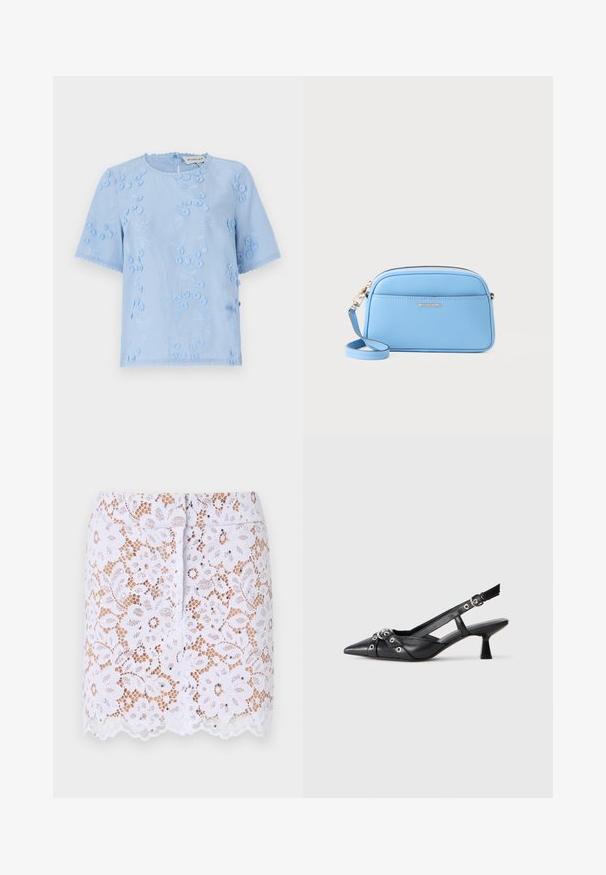 Svetlo modra kratka bluza s cvetličnim vezenjem, teksturiranimi detajli in valovitimi robovi. Okrogli izrez z zapiranjem na gumb na hrbtni strani.; Bela čipkasta krila z cvetličnim vzorcem, valovitim robom in diskretnimi okrasnimi elementi. Ima prilega obliko in skriti zadrgo na hrbtni strani.; Črne usnjene sandale središnje zaponke z ostro konico, okrasnimi trakovi z kovinskimi očesi in nizko blokasto peto. Teksturirana površina.; Svetlo modra usnjena torba čez ramo z zlatimi dodatki, zadrgo in sprednjo žepko. Ima nastavljiv trak za udobje.
