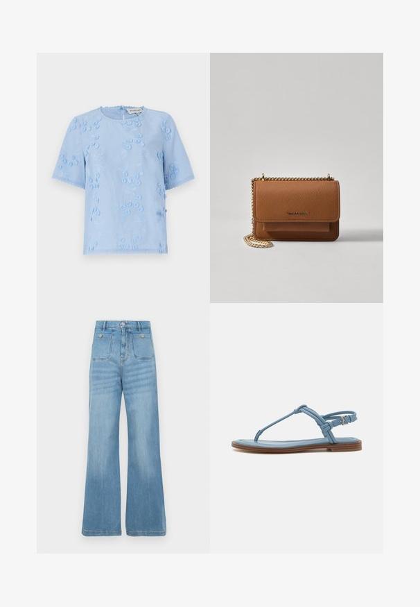 Ljusblå blus med kort ärm, blommig broderi, strukturella detaljer och vågiga kanter. Rund halsringning med knappstängning bak.; Ljust blå denimjeans med vida ben, med två framfickor och två bakfickor, avslutade med rå kant och knappstängning.; Blå lädersandal med flat sula, som har en smal remdesign och en spänneknäppning vid vristen för en säker passform.; Brun texturerad läder crossbody-väska med guldkedja och klaffstängning. Framsidan har logotypdetalj och en ficka under klaffen.
