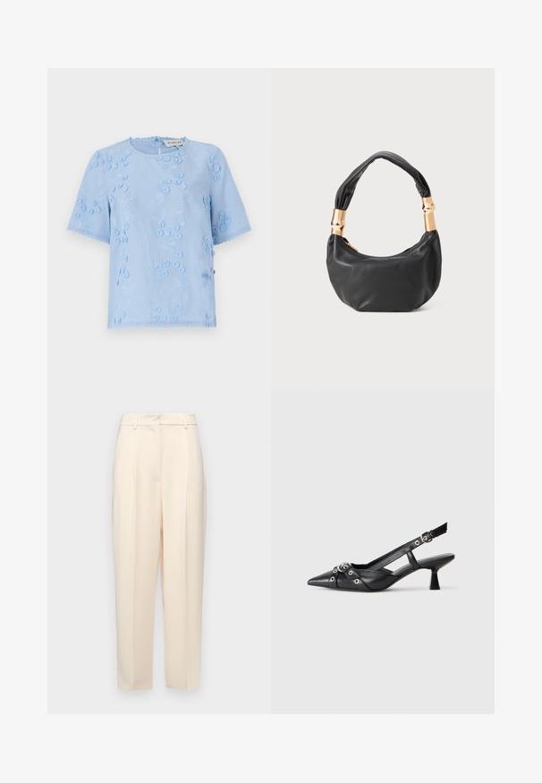 Gaiši zila īsām piedurknēm blūze ar ziedu izšuvumu, faktūru akcentiem un viļņotām malām. Apaļa kakla izgriezums ar pogu aizdari aizmugurē.; Beige pielāgotas bikses ar taisnu piegriezumu, priekšpusē ar krokām, gluda tekstūra un vidējas augstuma jostasvieta. Nav redzamu kabatu.; Melnas ādas šlipsveida kurpes ar norādītu purngalu, dekoratīvām joslām ar metāla acīm un zemu bloku papēdi. Teksturēta virsma.; Melnas ādas rokassoma ar apaļu formu, mīkstu tekstūru un mezgla rokturi, kas rotāts ar zelta tonētiem aksesuāriem. Ar rāvējslēdzēja aizdari.