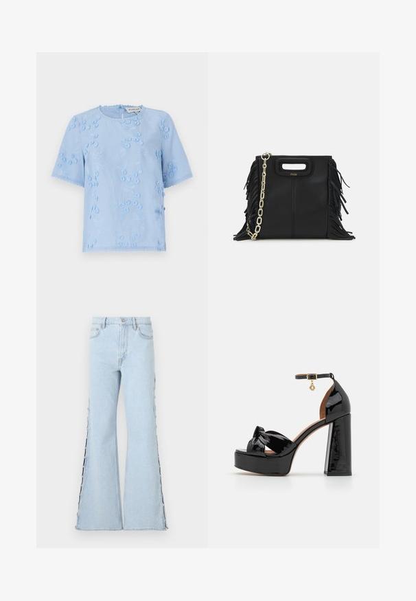Vaaleansininen lyhythihainen paita, jossa on kukka-ompelua, teksturoituja yksityiskohtia ja erikoisreunat. Pyöreä pääntie ja nappikiinnitys takana.; Vaaleansiniset leveälahkeiset farkut, joissa on korkea vyötärö, napitus sivusaumojen varrella ja pehmeä farkkukangas.; Maje Korolliset sandaalit - noir; Musta nahkakäekott, millel on frantsiisidetailid, kuldne õlgade rihm ja lõikega käepide. Ees on logo paigutus.