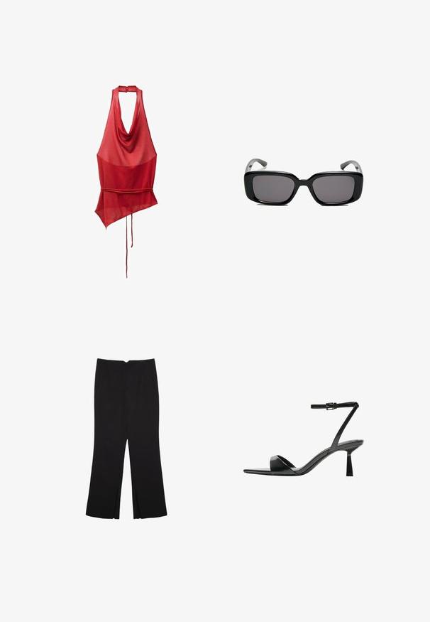 Punainen hihaton paita, jossa on laskostettu kaula-aukko, epäsymmetrinen helma ja solmukohta vyötäröllä. Valmistettu kevyestä, läpikuultavasta kankaasta.; Mustat housut suoralinjaisella leikkauksella, joissa on etutaskut ja sivurei'ät helman alla. Valmistettu pehmeästä ja sileästä kankaasta. Sopii eri tilaisuuksiin.; Bershka Korolliset sandaalit - black; Mustat suorakulmaiset aurinkolasit tummilla linsseillä, sileä muovikehys ja kaarevat templet. Suunnittelu on jykevä ja minimalistinen.; Ruskea nubuk-olkalaukku, jossa on kaksi pitkää hihnaa, naru- ja minimalinen sulkemismekanismi. Tasainen pinta ja ei näkyviä metalliosia.