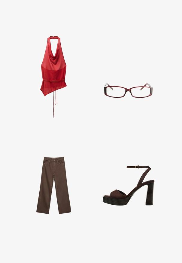 Červený top bez rukávov s drapážovým výstrihom, asymetrickým lemom a viazaním v oblasti pásu. Vyrobené z ľahkej, priesvitnej látky.; Džínsy s širokými nohavicami v hnedej farbe, vyrobené z denimu, so zvýšeným pásom, prednými vreckami a klasickým zapínaním na gombík. Hladká textúra s jemným prešívaním.; Hnedé semišové sandále na vysokom podpätku s otvorenou špičkou, nastaviteľným členkovým remienkom a pruhovanou platformovou podrážkou.; Červené obdĺžnikové dioptrické okuliare s elegantným dizajnom. Priehľadné šošovky, mierne priesvitné rámiky a prechodový efekt od červenej po šedú.