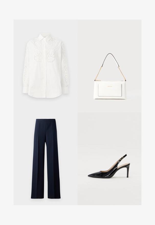 Biela košeľa na gombíky s kvetinovou čipkou na oboch rukávoch a prednej strane. Vyrobená zo 100% bavlny, s klasickým golierom a dlhými rukávmi.; Široké nohavice z tmavomodrej látky, s hladkou textúrou, jemnými prednými zosilneniami a priliehavým pásom pre elegantný siluetu.; Čierne lakované kožené slingback lodičky s špicatou špičkou, štíhlým podpätkom a jemným výrezom. Obsahuje zlatú pracku na remienku.; Biele kožené kabelka s textúrovaným povrchom, ktorá má zlatý retiazkový popruh a čierne akcenty. Obsahuje prednú kapsu a zipsové zapínanie.