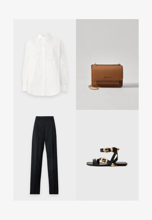 Cămașă albă cu nasturi, având detalii din dantelă florală pe ambele mâneci și în față. Fabricată din bumbac, cu guler clasic și mâneci lungi.; Pantaloni negri dintr-un material neted, cu talie înaltă, picioare largi, pliuri frontale și loop-uri clasice pentru curea. Fără buzunare laterale vizibile.; Sandale din piele neagră cu accente aurii pe catarame, având mai multe curele și un design cu talpă plată pentru purtare cu degetele la vedere.; Geantă crossbody din piele texturată maro, cu curea din lanț aurit și închidere cu clapetă. Partea din față prezintă detalii cu logo și o buzunar sub clapetă.