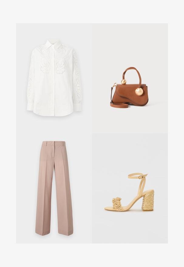 Bijela košulja dugih rukava s cvjetnim čipkastim detaljima na rukavima i prednjem dijelu. Izrađena od pamuka, s klasičnom ovratnikom.; Široke hlače od mekog ružičastog materijala, s ravnim prednjim dijelom, pojasom s omčama za remen i glatkom teksturom.; Bež sandala s visokom potpeticom, s pletenom teksturom, ukrašena cvijetom i remenom oko gležnja. Kvadratna potpetica dodaje stabilnost.; Smeđa kožna torba s valovitim dizajnom, koja sadrži dva kružna zlatna akcenta i odvojivu naramenicu za svestrano nošenje.