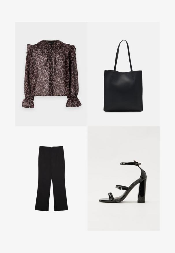 Genomskinlig svart blus med ett blommigt rosa mönster, rynkad krage, knappstängning och gathered ärmar med utsvängda manschetter.; Svarta byxor med rak passform, utrustade med framfickor och sidoklyvningar vid fållen. Tillverkade av mjukt, slätt tyg. Lämpliga för olika tillfällen.; Svarta lackerade högklackade sandaler med två spännband, fyrkantig tå och en tjock klack, med en slät och glansig yta.; Svart lädertoffelväska med slät textur, rektangulär form och två långa handtag. Ingen synlig hårdvara eller dekorationer.