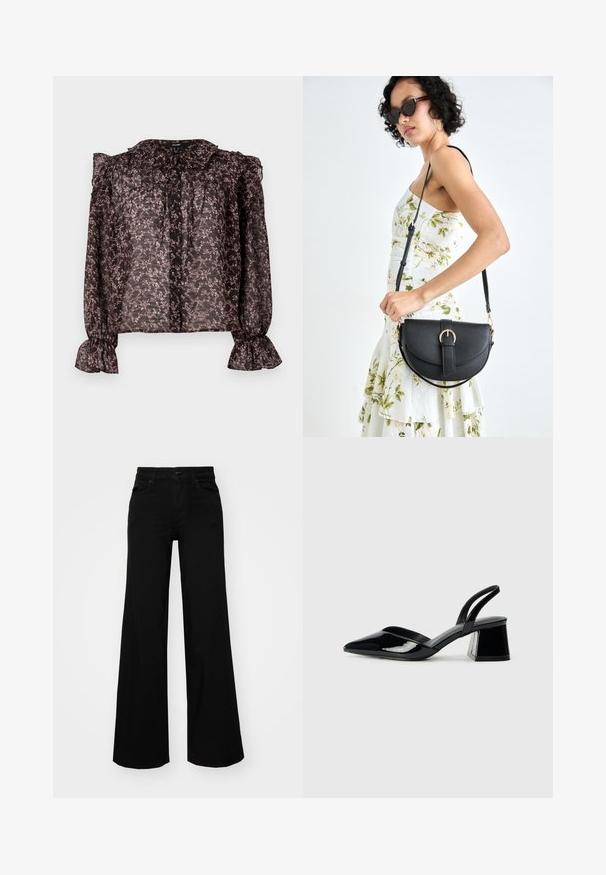 Áttetsző fekete blúz virágos rózsaszín mintával, fodros gallérral, gombos záródással és gathered ujjal, kihajtott mandzsettával.; Fekete, bő szárú farmernadrág, amelynek állítható derékrésze van, övhurkokkal és elülső zsebekkel. Simaság jellemzi, klasszikus dizájnnal.; Fekete lakk bőr szandálkés magas sarkú cipő, hegyes orral és geometrikus tömbsarkakkal. Karcsú, minimalista dizájn és sima textúra jellemzi.; Fekete bőrtáska ívelt formával, levehető pánttal és arany színű fémrészekkel. A táskán egy csattal díszített fedél található.