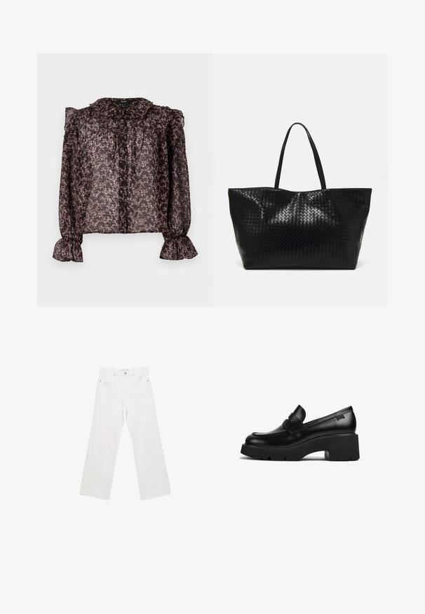 Gennemsigtig sort bluse med et blomsterprint i pink, flæsekrave, knaplukning og samlede ærmer med flagrende manchetter.; Hvide denim bred ben bukser med en klassisk fem-lomme design, metalhardware og kontraststing. Glat tekstur og afslappet pasform.; Sorte læder loafers med chunky hæl, tyk sål og en remdetalje henover, vist fra siden på en hvid baggrund.; Sort vævet tote bag med to robuste håndtag, der har en blank overflade og et rummeligt åbent top design.