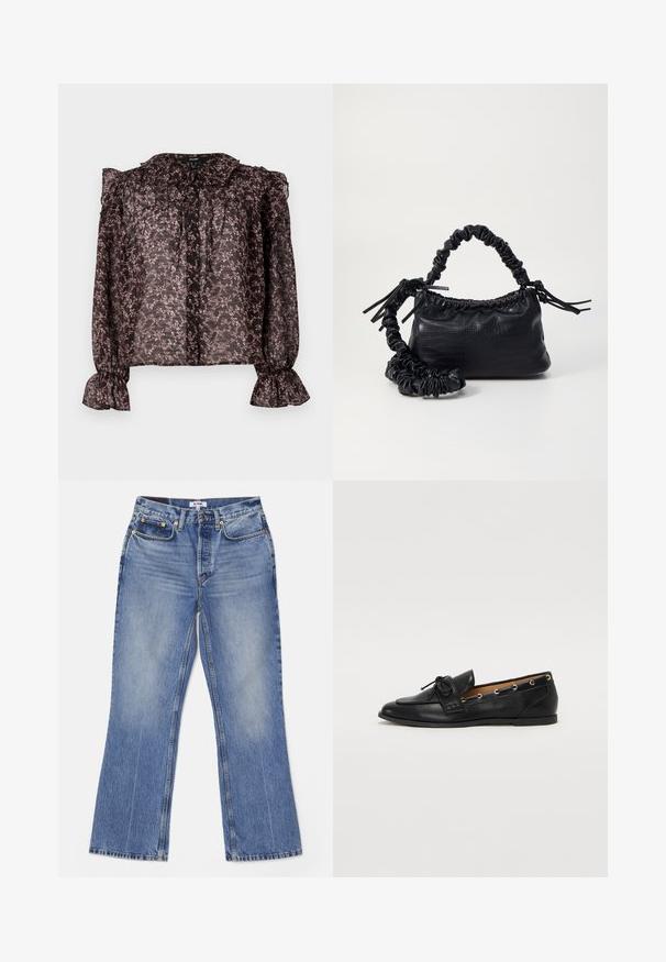 Permatomas juodas bluzonas su gėlių rožiniu raštu, volanginė apykaklė, mygtukų užsegimas ir surinktos rankovės su išplatintais manžetais.; RE/DONE LOOSE - Šiek tiek platėjantys apačioje džinsai - hacienda; Juodi odiniai loafai su surišta mazgeliu, su auksinėmis akytėmis šoninėse dalyse ir plokščiu guminiu padu. Lygus paviršius, klasikinis dizainas.; Juodas dirbtinės odos rankinė su krokodilo tekstūra, sušnibždinta viršuje ir susikraipytu dirželiu. Atrodo minkšta ir kompaktiška.