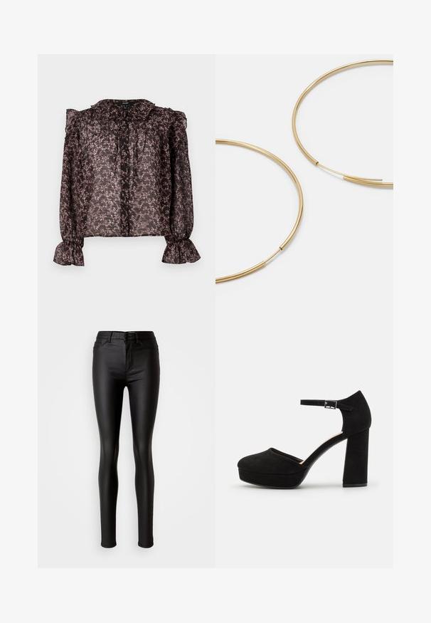 Gennemsigtig sort bluse med et blomsterprint i pink, flæsekrave, knaplukning og samlede ærmer med flagrende manchetter.; Sorte faux læder skinny jeans med en glat overflade, høj talje, knaplukning og traditionelt fem-lomme design.; Sorte ruskinds platform hæle med en tyk blokhæl, rund tå og ankelrem fastgjort med en metalspænde. Glat tekstur hele vejen igennem.; Guldfarvede hoops øreringe, tynde og runde i formen, med en glat metallisk finish uden udsmykninger eller mønstre.; Sort lædertegnebog med en fold-over klap, guldfarvet hardware og en logoaccent. Inkluderer en aftagelig rem til bæring.