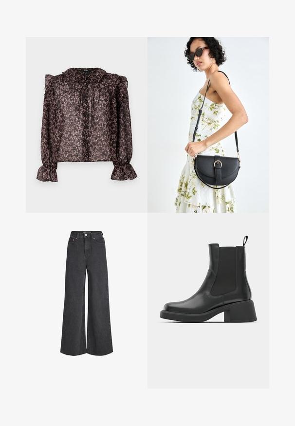 Sheer black blouse with a floral pink print, ruffled collar, button closure, and gathered sleeves with flared cuffs.; High-waisted black wide-leg jeans with front button and zipper, five pockets, and raw hem detailing.; Black leather ankle boots with elastic side panels, rounded toe, and a chunky block heel. Smooth texture with a minimalistic design.; Black leather handbag with a curved shape, detachable strap, and gold hardware. The bag features a flap with a buckle detail.