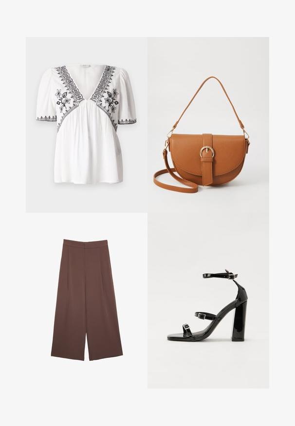 Blusa bianca con scollatura a V, maniche corte a sbuffo e ricami floreali neri lungo il collo e l'orlo, realizzata in un tessuto testurizzato.; Pantaloni ampi marroni con una texture liscia, caratterizzati da una vita alta e pieghe frontali. Il tessuto è leggero e scorre liberamente.; Sandali con tacco in vernice nera, con punta squadrata, cinturini alla caviglia e fibbie in argento. Presentano un tacco a blocco spesso per maggiore stabilità.; Borsa a tracolla in pelle marrone con forma curvata, hardware dorato e un dettaglio con fibbia. Presenta una tracolla rimovibile.