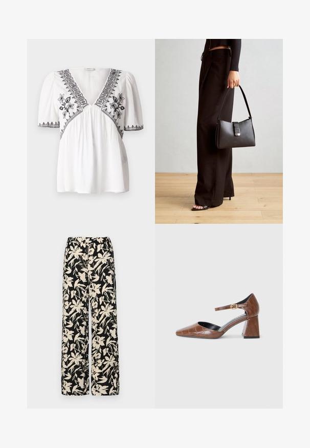 Witte blouse met een V-hals, korte pofmouwen en zwarte bloemenborduursels langs de halslijn en zoom, gemaakt van een textuurstof.; Zwarte wijde broek met een crèmekleurig bloemenpatroon. Gemaakt van lichtgewicht stof, met een zachte textuur en een hoge tailleband.; Bruine patenten leren pump met een vierkante neus, textuur met krokodillenpatroon, enkelband met gouden gespsluiting en een chunky hak.; Zwarte handtas met gestructureerde vorm, gladde textuur en een metalen sluiting. Gecombineerd met brede zwarte broeken en sandalen met open teen op een houten vloer.