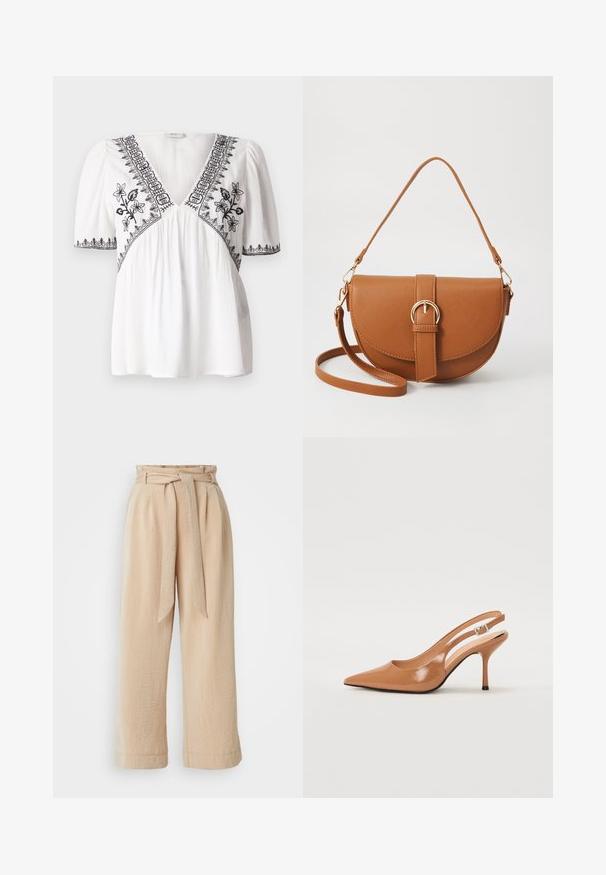 Balta blūze ar V veida kakla izgriezumu, īsām pūkainām piedurknēm un melniem ziedu izšuvumiem ap kakla izgriezumu un apakšu, ar teksturētu audumu.; Beiza plaša kāju bikses ar siksnu viduklī, izgatavotas no strukturētas auduma. Iekļauj priekšējo krokā un gludu apdari gar apakšu.; Izteikts pirksta siksnas zābaks, izgatavots no gludas, spīdīgas brūnas materiāla. Piedāvā izliekta izgriezuma dizainu un smalku stiletto papēdi. Sudraba sprādze.; Brūns ādas plecu soma ar izliekta formu, zelta piederumiem un sprādzes akcentu. Iesaiņota ar noņemamu plecu siksnu.