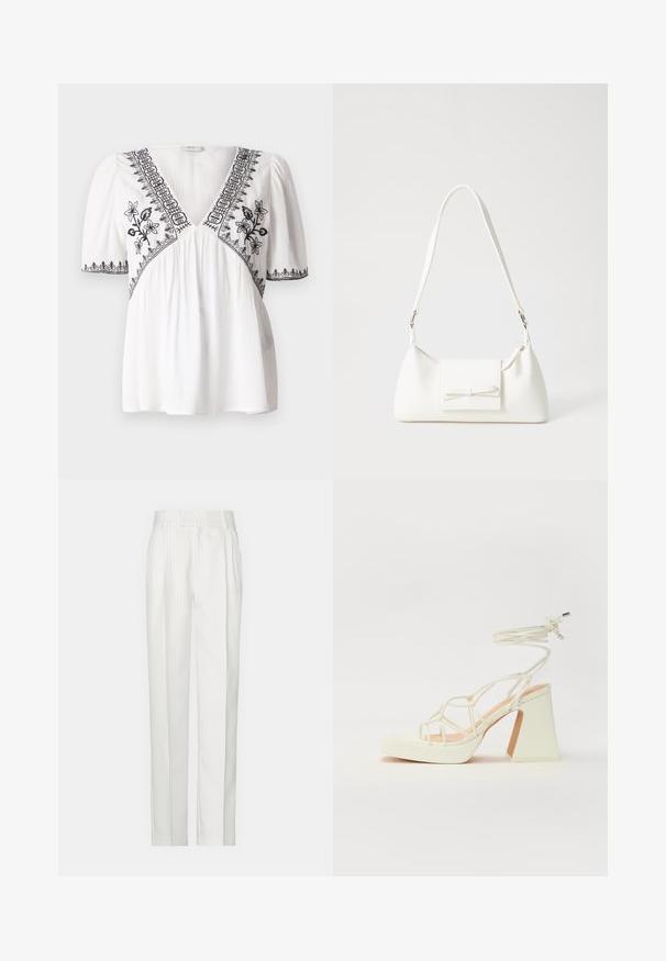 White blouse with a V-neck, short puff sleeves, and black floral embroidery along the neckline and hem, featuring a textured fabric.; White pinstriped trousers with a straight leg design, made from a lightweight fabric. Features pleats at the front and a traditional waistband.; White high-heeled sandal with a chunky heel, featuring a strappy design and ankle tie. Smooth texture with a platform front for added height.; White synthetic handbag with a triangular shape, flat front flap and bow detail, adjustable strap, smooth texture, and minimalistic design.