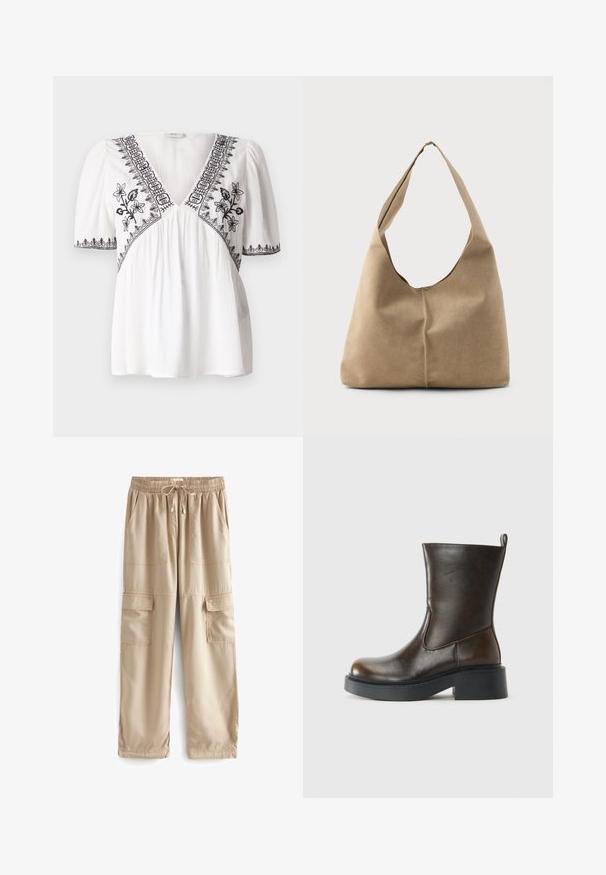 Weiße Bluse mit V-Ausschnitt, kurzen Puffärmeln und schwarzem Blumenstickerei entlang des Ausschnitts und Saums, gefertigt aus einem strukturierten Stoff.; Beige Cargo-Hosen aus leichtem Stoff, mit einem elastischen Bund, Kordelzug und mehreren großen Fronttaschen.; Dunkelbrauner Lederstiefel bis zur Mitte des Waden mit runder Spitze, dickem schwarzen Sohlen, niedrigem Blockabsatz und einer Zuglasche auf der Rückseite.; Hobo-Tasche aus weichem beigen Wildleder mit einer lässigen Form, breitem Schulterriemen und einer handgestickten Nahtdetail entlang der Vorderseite.