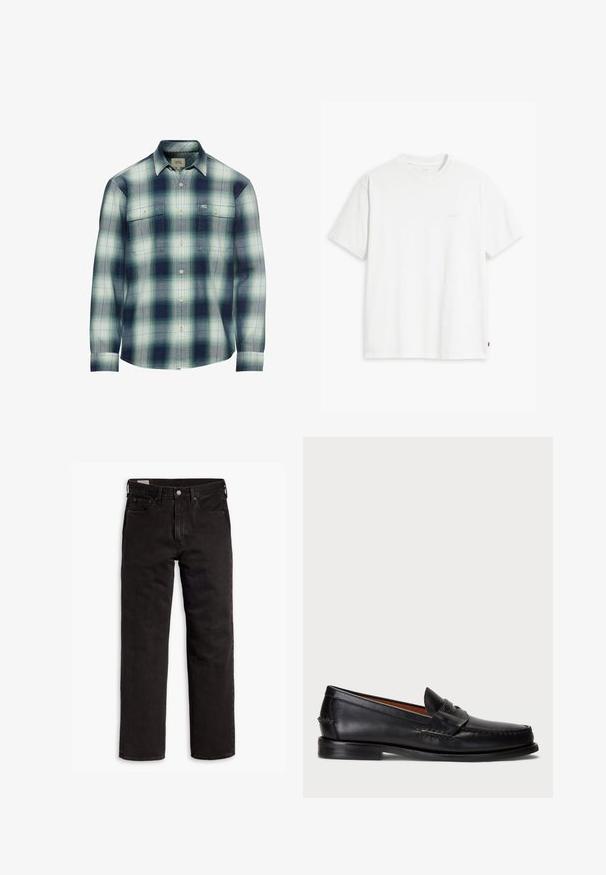 Langærmet ternet skjorte i nuancer af blå, grøn og creme. Har to brystlommer og krave med knapper. Fremstillet af en bomuldsblanding.; Hvid bomulds T-shirt med korte ærmer, rund hals og en diskret Levi's logo trykt i midten. Blød tekstur og standard pasform.; Sorte lige bukser i denim med fem lommer, knaplukning og bæltestropper, lagt fladt ud på en hvid baggrund.; Sorte læder slip-on sko med rund tå, syede detaljer og et dekorativt bånd tværs over fronten. Flad sål med et minimalistisk design.