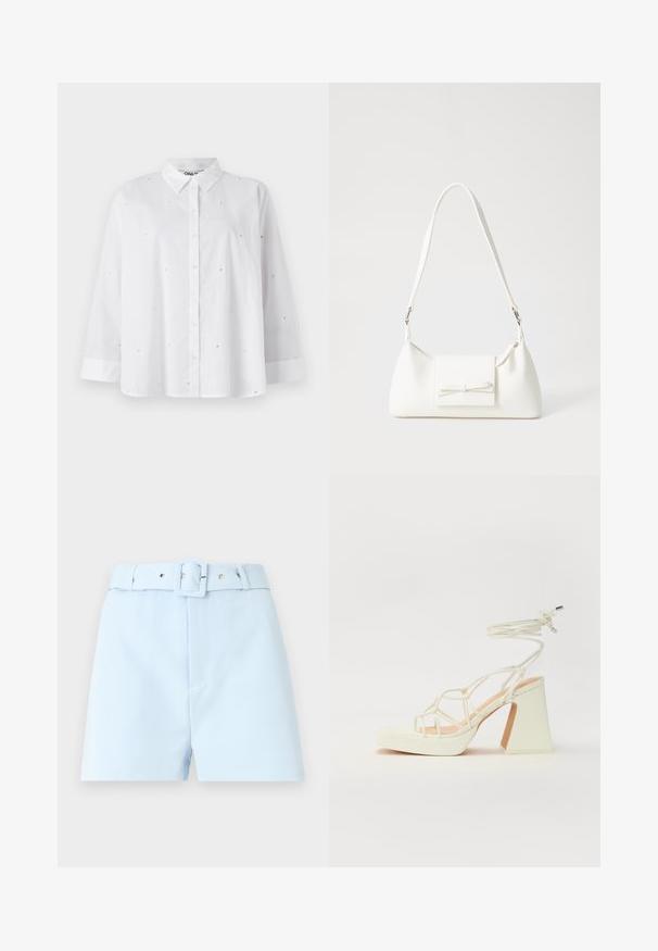 Biela košeľa na gombíky vyrobená z ľahkej látky, s malými výrezmi v tvare srdca, dlhými rukávmi a klasickým golierom.; Svetlomodré šortky s opaskom v páse, s štvorcovou sponou a kovovými doplnkami. Hladká tkanina, tailored strih a skladaná predná časť.; Biele sandále na vysokom opätku s hrubým podpätkom, s pruhovaným dizajnom a viazaním na členku. Hladký povrch s platformou vpredu pre zvýšenú výšku.; Biela syntetická kabelka s trojuholníkovým tvarom, plochým predným klapkou a detailom mašle, nastaviteľným popruhom, hladkou textúrou a minimalistickým dizajnom.