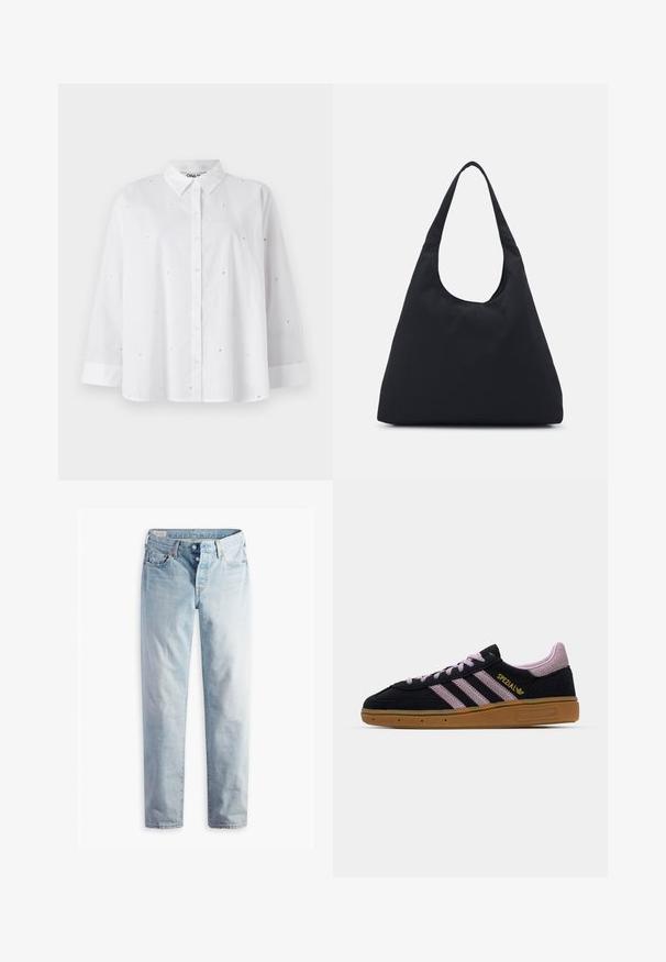 Camicia bianca con bottoni realizzata in tessuto leggero, caratterizzata da piccoli fori a forma di cuore, maniche lunghe e colletto classico.; Jeans in denim blu chiaro con taglio dritto, due tasche frontali e due tasche posteriori. Include una chiusura a due bottoni e cuciture sottili.; Sneaker in suede nera e rosa con suola in gomma, tre strisce rosa, branding dorato "SPEZIAL" e suola in gomma testurizzata. Design basso.; Borsa di tessuto nera con un'unica tracolla larga. Forma morbida e semi-strutturata, con una texture liscia; design minimale, senza hardware visibile.