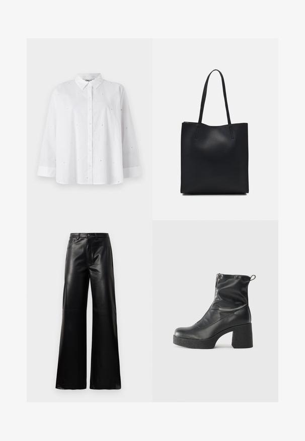 White button-up shirt made of lightweight fabric, featuring small heart-shaped cutouts, long sleeves, and a classic collar.; Black high-waist wide-leg faux leather pants with front button, zip closure, belt loops, and side pockets on white background.; Black ankle boots made of smooth leather, featuring a side zipper, chunky textured heel, and rounded toe design.; Black leather tote bag with smooth texture, rectangular shape, and two long handles. No visible hardware or embellishments.