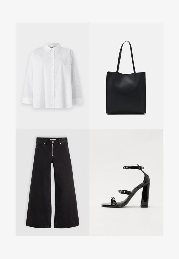 White button-up shirt made of lightweight fabric, featuring small heart-shaped cutouts, long sleeves, and a classic collar.; Wide-leg jeans in black denim with a zippered front, five-pocket design, and subtle stitching details. Smooth texture and casual style.; Black patent heeled sandals with a square toe, ankle straps, and silver buckles. Features a chunky block heel for stability.; Black leather tote bag with smooth texture, rectangular shape, and two long handles. No visible hardware or embellishments.