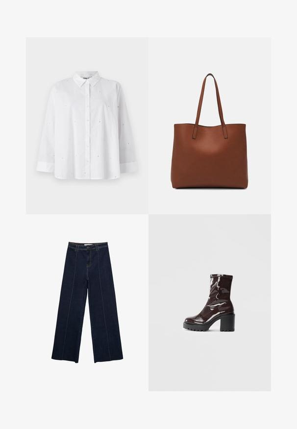 Camicia bianca con bottoni realizzata in tessuto leggero, caratterizzata da piccoli fori a forma di cuore, maniche lunghe e colletto classico.; Pantaloni in denim scuro a gamba larga con cuciture a contrasto, vita alta e taglio dritto. Presentano tasche anteriori e una chiusura classica con bottone.; Stivale alla caviglia bordeaux lucido con un tacco spesso nero, caratterizzato da una superficie liscia e un design semplice. Nessuna chiusura visibile o motivo.; Borsa tote in pelle marrone con texture liscia, design con apertura superiore e due spallacci. Presenta cuciture minime e nessun hardware visibile.