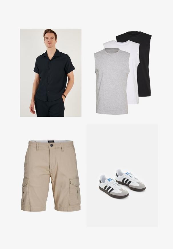 Zwarte kortekolen shirt met een kraag, met een geribbelde textuur en een knoopsluiting. Gecombineerd met bijpassende broek voor een samenhangende uitstraling.; Drie mouwloze T-shirts in grijs, wit en zwart. Zacht katoenmateriaal met een ronde hals en een relaxte pasvorm. Eenvoudig ontwerp, geen patronen.; Beige cargoshorts van katoen, met meerdere zijzakken, een knoopsluiting bij de taille en een rechte pasvorm.; Sportschoenen met een witte leren bovenkant, grijze suède neus en drie zwarte strepen. Bevat een blauw logo op de tong en een gestructureerde rubberen zool.