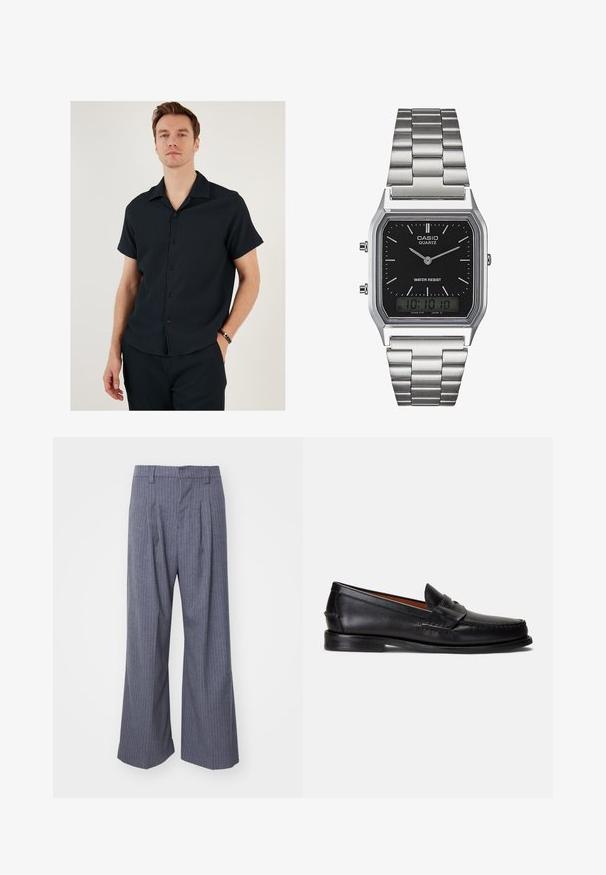 Crna košulja kratkih rukava s ovratnikom, s rebrastom teksturom i dugmadi sprijeda. Uparena s odgovarajućim hlačama, stvara kohezivan izgled.; Sive prugaste hlače širokog kroja, s nabranim detaljima sprijeda i glatkom teksturom. Nema vidljivih ukrasa ili dodataka.; Crne kožne mokasine s glatkom završnom obradom, zaobljenim vrhom i ukrasnim remenom preko gornjeg dijela. Imaju nisku crnu potplatu.; Srebrni kvarcni sat od nehrđajućeg čelika s crnim pravokutnim brojčanikom, koji ima analogne kazaljke, digitalni zaslon i oznaku otpornosti na vodu.