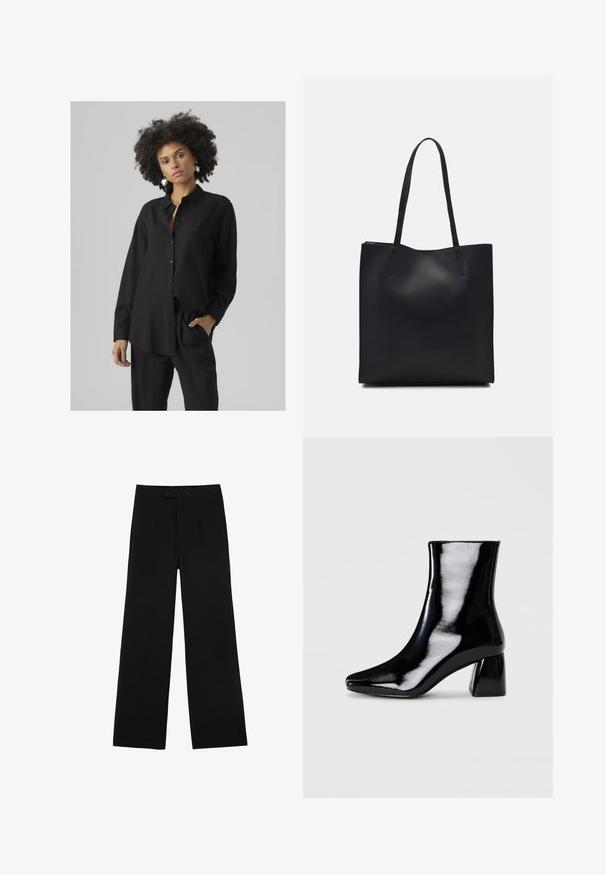 Black long-sleeve shirt with a button-down front, pocket, relaxed fit, and soft texture, paired with matching black pants.; Black wide-leg trousers made of smooth fabric, featuring a front button closure and two pleats for added detail. Tailored design overall.; Black patent ankle boot with a pointed toe and a square block heel. Smooth texture with a high-shine finish, featuring no visible embellishments.; Black leather tote bag with smooth texture, rectangular shape, and two long handles. No visible hardware or embellishments.