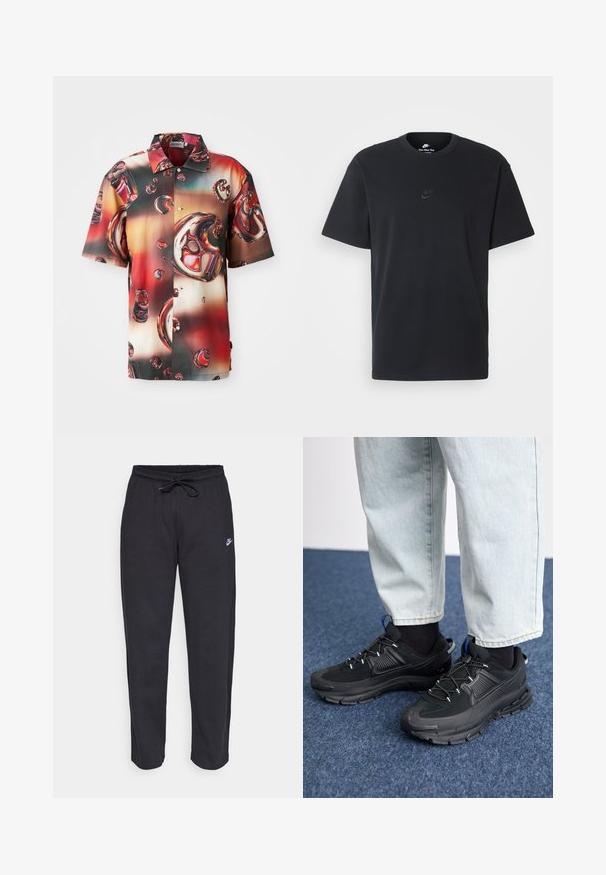 Camicia a manica corta in tessuto lucido, con un vivace design astratto di bolle rosse e marroni su uno sfondo sfumato. Chiusura con bottoni davanti.; T-shirt in cotone nero della Nike con collo rotondo classico, maniche corte e un logo in rilievo discreto sul petto. Texture liscia.; Pantaloni della tuta neri realizzati in tessuto morbido con vita elastica, coulisse e un piccolo logo Nike sulla coscia sinistra.; Scarpe sportive nere con tessuto testurizzato e suole in gomma, dotate di lacci elastici e un accento blu sul tallone. Indossate con pantaloni in denim chiaro.
