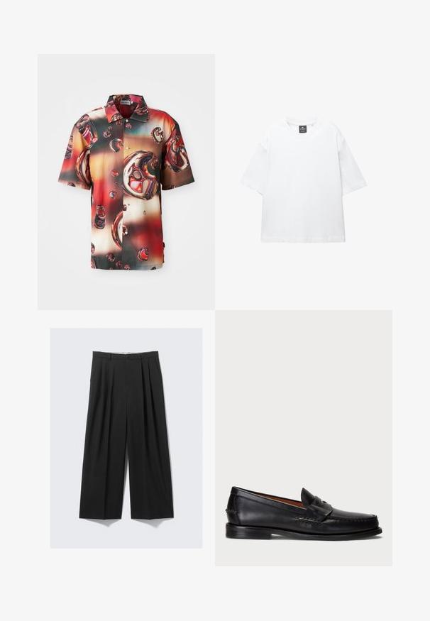 Rövid ujjú ing fényes anyagból, élénk piros és barna buborékokkal díszítve, ami egy átmeneti háttéren helyezkedik el. Gombos elülső rész.; Fehér, rövid ujjú póló, pamutból készült, kerek nyakkivágással és laza, egyenes szabással. Nincsenek minták vagy díszítések.; Fekete, széles szárú nadrág plisszékkel, gombos záródással és övhurkokkal, semleges háttérre helyezve.; Fekete bőr mokaszin lekerekített orral, varrott részletezéssel és díszes pánttal az elején. Lapos talp minimalista profilal.