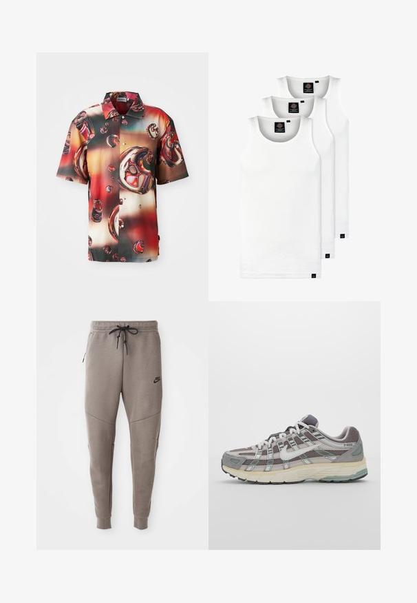 Camisa de manga curta em tecido brilhante, com um design abstrato vívido de bolhas vermelhas e castanhas contra um fundo em degradê. Frente com botões.; Três tops em algodão de alças brancas com nervuras. Apresentam um decote redondo e pequenas etiquetas pretas perto da bainha. Disponíveis em vários tamanhos.; Calças de treino cinzentas da Nike com um cós elástico ajustável, pernas ajustadas, bolsos laterais e pormenores de costura distintos. Tecido suave e texturizado.; Sapatilha atlética cinza com parte superior em malha e camurça, detalhes brancos, sola acolchoada e um design distinto com elementos refletivos.