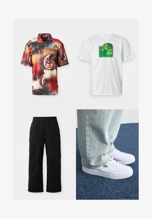 Κοντομάνικο πουκάμισο από γυαλιστερό ύφασμα, με ζωηρό αφηρημένο σχέδιο από κόκκινες και καφέ φυσαλίδες σε γκραντέντ φόντο. Με κουμπιά μπροστά.; Λευκό βαμβακερό T-shirt με γραφικό των πράσινων κυκλωμάτων που διαθέτει περίπλοκα μοτίβα, κόκκινες λεπτομέρειες και ένα στοιχείο σχεδιασμού σε στρώσεις.; Μαύρο βαμβακερό παντελόνι με ελαστική μέση, σχεδίαση φαρδιών ποδιών και μεγάλα πλαϊνά τσέπες. Ο ιστός φαίνεται μαλακός με λεία υφή.; Λευκά δερμάτινα sneakers με πράσινο λογότυπο Nike, στρογγυλή μύτη, επίπεδη σόλα, συνδυασμένα με ανοιχτό μπλε τζην παντελόνι, τοποθετημένα σε μπλε χαλί.