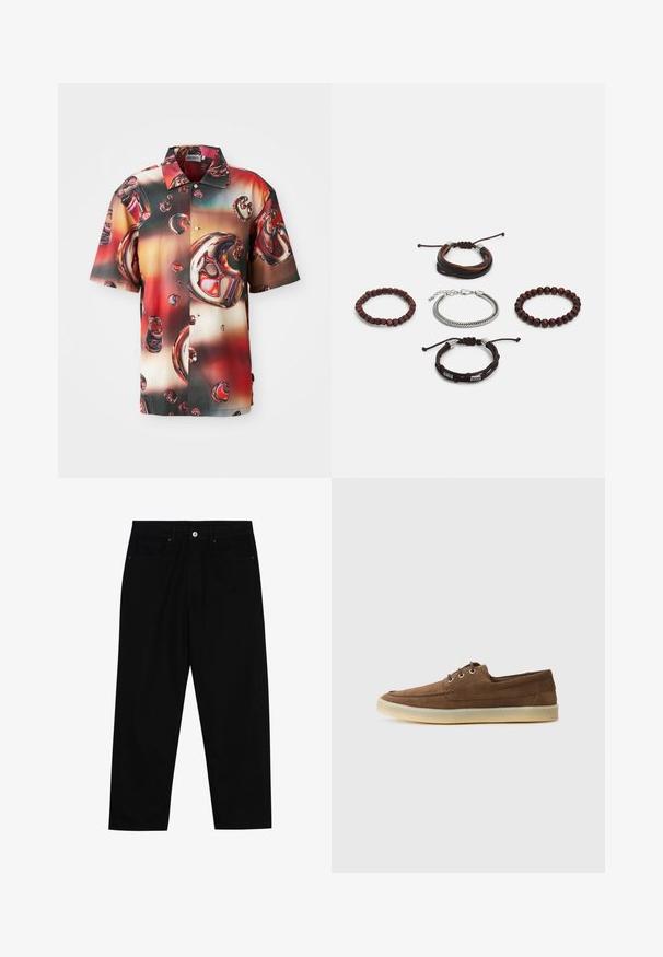 Korte mouwen shirt van glanzende stof, met een levendig abstract ontwerp van rode en bruine bubbels tegen een gradient achtergrond. Voorzijde met knoopjes.; Zwarte denim broek met een recht gesneden pasvorm, vijf gebruikersvriendelijke zakken en een sluiting met een knoop aan de voorkant. Soepele textuur met minimale stikdetails.; Bruine suede schoenen met een laag profiel, vetersluiting, rubberen zool en contrasterende stiksels. Eenvoudige en functionele stijl.; Set van vijf armbanden met bruin leer, houten kralen en een zilveren ketting; verschillende texturen en vormen, met verstelbare sluitingen.