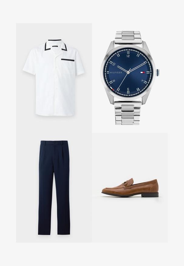 Trumpas rankovės baltas marškinys, pagamintas iš audinio, su juodu apykakle ir kišenės apdaila, su priekiniais mygtukais ir švariu, minimalistiniu dizainu.; Tamsiai mėlynos kelnės iš lygaus audinio, su vienu mygtuko uždarymu, klostėmis ir tiesiomis kojomis. Minimalistinis dizainas be pastebimų raštų.; Rudi odiniai loaferiai su plokščiu kulnu, su dekoratyviu metaliniu akcentu priekyje, elegantiškas dizainas ir lygus paviršius.; Sidabrinis metalinis laikrodis su šlifuotu mėlynu ciferblatu, baltais valandų žymekliais ir datos indikacija. Yra metalinė grandinė ir prekės ženklo logotipas.