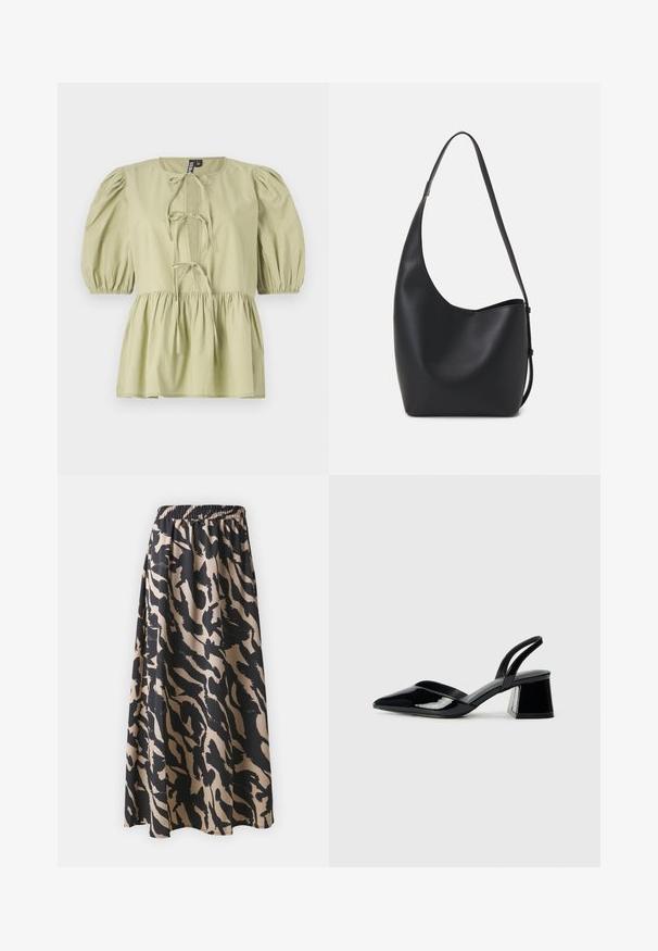 Blusa verde chiaro a maniche corte con maniche a sbuffo, davanti con coulisse e vita arricciata. Realizzata in tessuto leggero con una texture morbida.; Gonna lunga nera e beige con fascia elastica in vita, caratterizzata da un motivo di stampa animale astratta e una silhouette fluida.; Décolleté in vernice nera con punta affusolata e tacco in geometria cubica. Presentano un design elegante e minimalista, con una texture liscia.; Borsa hobo nera in pelle con una superficie liscia, forma curvata e una singola tracolla regolabile; presenta un'ampia apertura nella parte superiore.