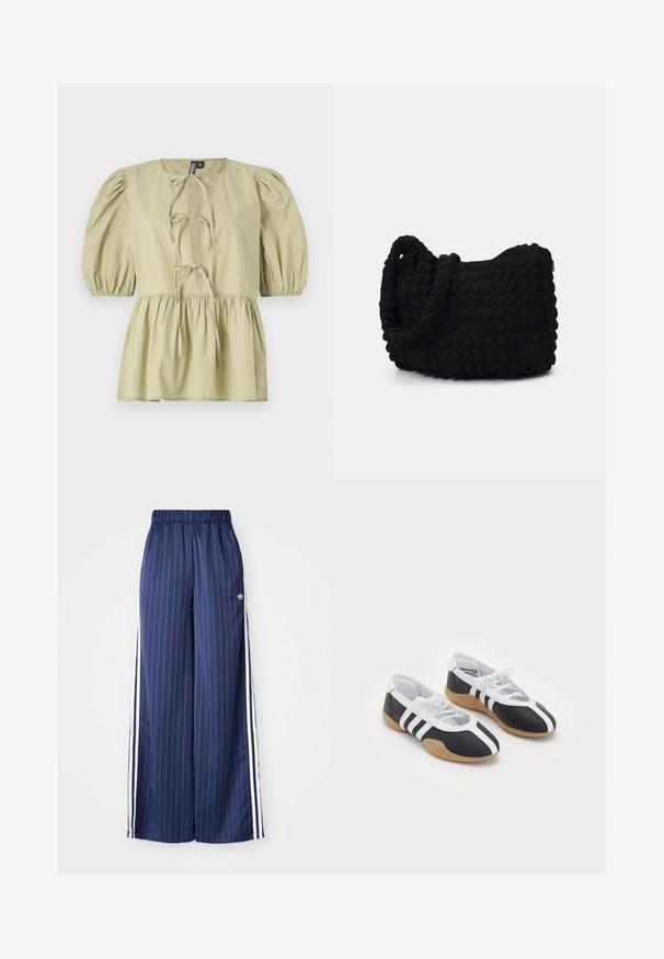 Világoszöld, rövid ujjú blúz puffos ujjakkal, húzózsinóros elülső résszel és megkötött derékkal. Könnyű anyagból készült, puha tapintással.; Tengerészkék, széles szárú nadrág függőleges fehér csíkokkal, rugalmas derékpánttal és mindkét oldalon három fehér csíkkal, könnyű anyagból készült.; Fekete-fehér sportcipők, letisztult dizájnnal, gumitalppal, fűzős zárással és három fehér csíkkal az oldalán.; Fekete szövet táska texturált, steppelt mintával. Kerek formájú, rövid, vastag fogantyúkkal és puha, rugalmas szerkezettel.