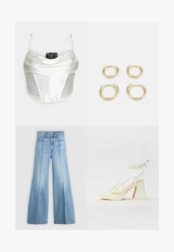 Haut corset en satin blanc avec de fines bretelles, présentant un design superposé et un détail de fermeture éclair noire à l'arrière. Texture lisse, forme structurée.; Jean taille haute bleu clair avec jambes larges, poches avant et arrière, passants de ceinture et détails de coutures verticales à l'avant.; Sandale blanche à talons hauts avec un talon épais, présentant un design à lanières et un lien autour de la cheville. Texture lisse avec une plateforme à l'avant pour une hauteur supplémentaire.; Boucles d'oreilles en or, quatre pièces, finition lisse, design arrondi, tailles variées, avec un fermoir à charnière pour un enfilage facile.