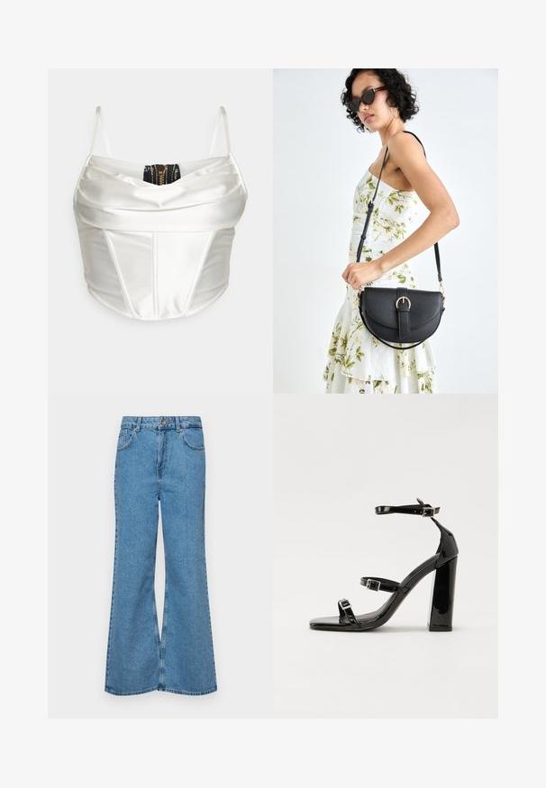 White satin corset top with thin straps, featuring a layered design and a black zip detail at the back. Smooth texture, structured form.; Light blue flared jeans made of denim, featuring a high waist, five pockets, and a single button closure. Soft texture with faded finish.; Black patent heeled sandals with a square toe, ankle straps, and silver buckles. Features a chunky block heel for stability.; Black leather handbag with a curved shape, detachable strap, and gold hardware. The bag features a flap with a buckle detail.
