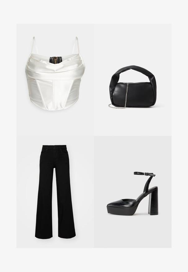Top din satin alb cu bretele subțiri, având un design stratificat și un detaliu cu fermoar negru la spate. Textură netedă, formă structurată.; Pantaloni negri cu picioare largi, din denim, cu un brau structurat, bucle pentru curea și buzunare frontale. Textură netedă, cu un design clasic.; Pantofi cu toc platformă negri, cu vârful ascuțit și curea reglabilă la gleznă. Confecționați din piele netedă, având un toc gros.; Geantă de piele neagră, cu o formă rotunjită, mânere groase și o curea de lanț argintie. Textură netedă, cu o ușoară strălucire.