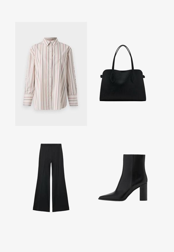 Camicia button-up color crema con righe verticali in rosso e navy. Presenta una tasca sul petto, colletto classico e maniche lunghe con polsini.; Pantaloni neri a gamba larga con una texture liscia, caratterizzati da pieghe frontali e un design sartoriale. Il tessuto è leggero e fluido.; Stivale alla caviglia in pelle nera con punta affilata, tacco quadrato, texture liscia e dettagli di cucitura lungo le cuciture. I tacchi misurano circa 3,5 pollici.; Borsa a mano in pelle nera con doppio manico, forma rettangolare e design minimalista su sfondo bianco.